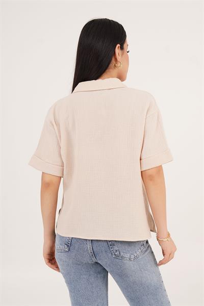 Kısa Kol Tek Cep Müslin Bej Gömlek