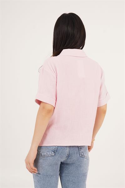 Kısa Kol Tek Cep Müslin Pembe Gömlek