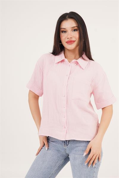 Kısa Kol Tek Cep Müslin Pembe Gömlek