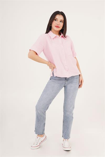 Kısa Kol Tek Cep Müslin Pembe Gömlek