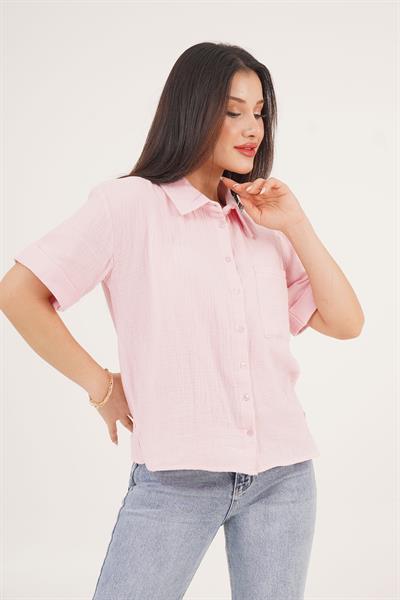 Kısa Kol Tek Cep Müslin Pembe Gömlek