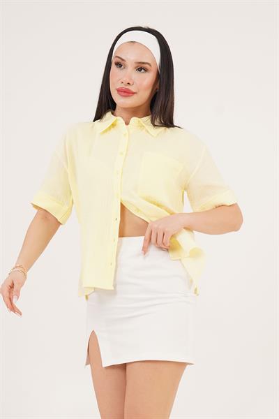 Kısa Kol Tek Cep Müslin Sarı Gömlek