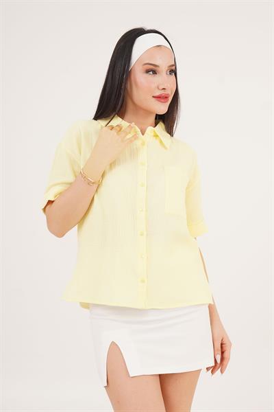 Kısa Kol Tek Cep Müslin Sarı Gömlek