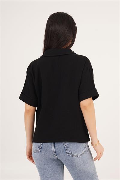 Kısa Kol Tek Cep Müslin Siyah Gömlek