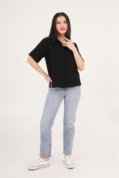 Kısa Kol Tek Cep Müslin Siyah Gömlek