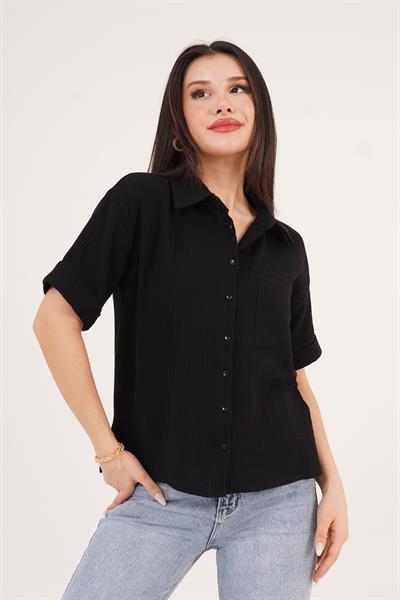 Kısa Kol Tek Cep Müslin Siyah Gömlek