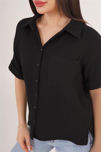 Kısa Kol Tek Cep Müslin Siyah Gömlek