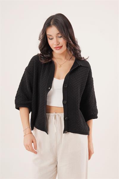 Polo Yaka Düşük Omuz Yarım Kol Siyah Hırka