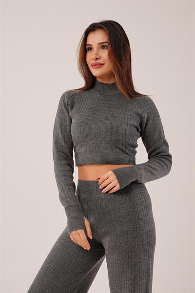 Kısa Model Antrasit Crop ve Pantolon Takımı