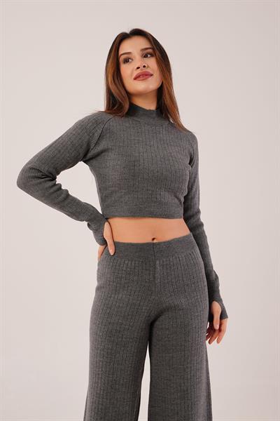Kısa Model Antrasit Crop ve Pantolon Takımı