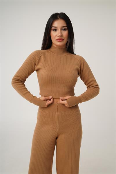 Kısa Model Camel Crop ve Pantolon Takımı