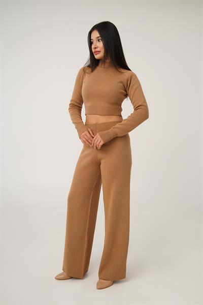 Kısa Model Camel Crop ve Pantolon Takımı