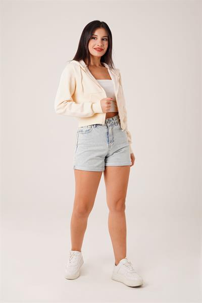 Kısa Model Fermuarlı Bej Spor Hırka