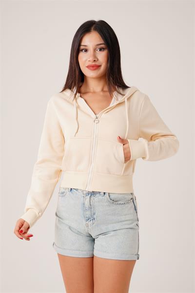 Kısa Model Fermuarlı Bej Spor Hırka