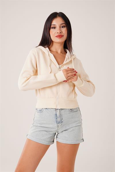 Kısa Model Fermuarlı Bej Spor Hırka