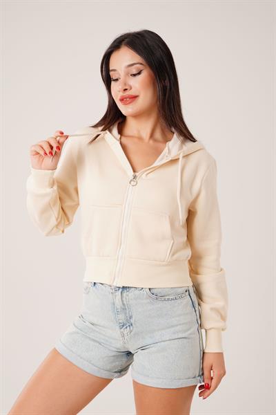 Kısa Model Fermuarlı Bej Spor Hırka