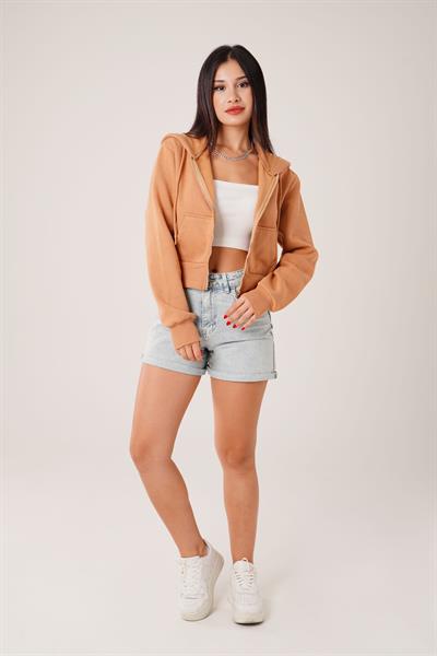 Kısa Model Fermuarlı Camel Spor Hırka