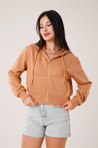 Kısa Model Fermuarlı Camel Spor Hırka