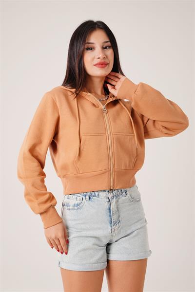 Kısa Model Fermuarlı Camel Spor Hırka