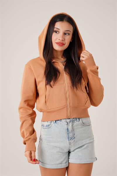 Kısa Model Fermuarlı Camel Spor Hırka