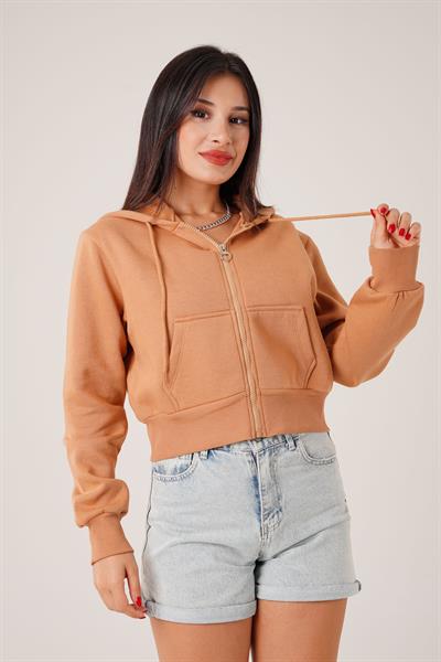 Kısa Model Fermuarlı Camel Spor Hırka