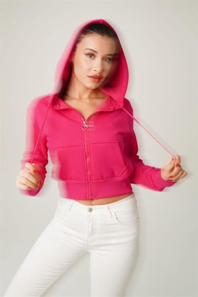 Kısa Model Fermuarlı Fuşya Spor Hırka