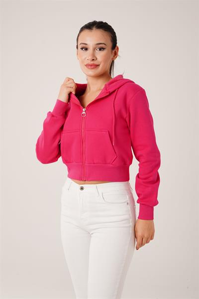 Kısa Model Fermuarlı Fuşya Spor Hırka