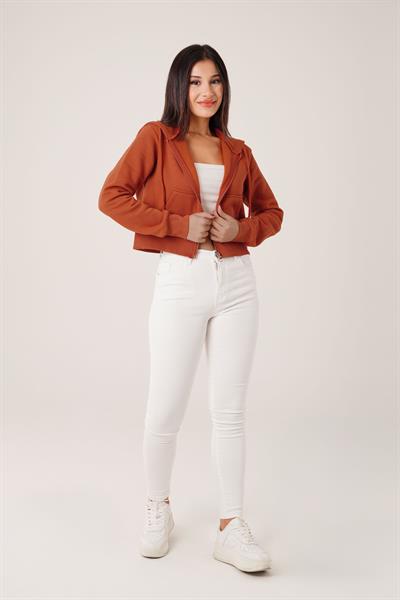 Kısa Model Fermuarlı Kiremit Spor Hırka