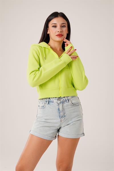Kısa Model Fermuarlı Neon Yeşili Spor Hırka