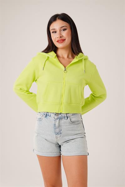 Kısa Model Fermuarlı Neon Yeşili Spor Hırka