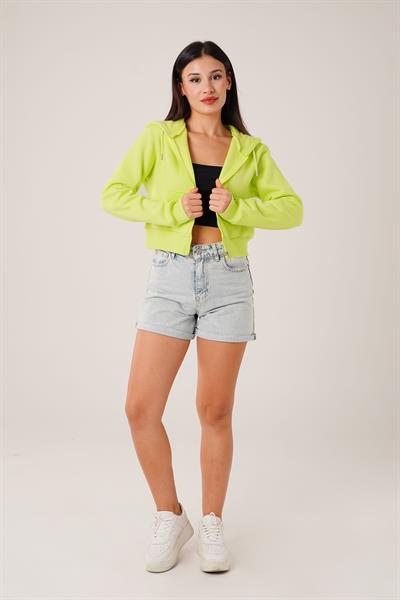 Kısa Model Fermuarlı Neon Yeşili Spor Hırka