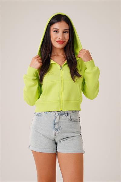 Kısa Model Fermuarlı Neon Yeşili Spor Hırka