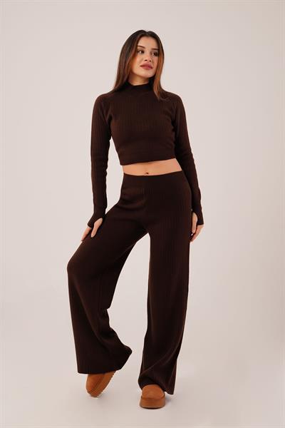Kısa Model Kahve Crop ve Pantolon Takımı