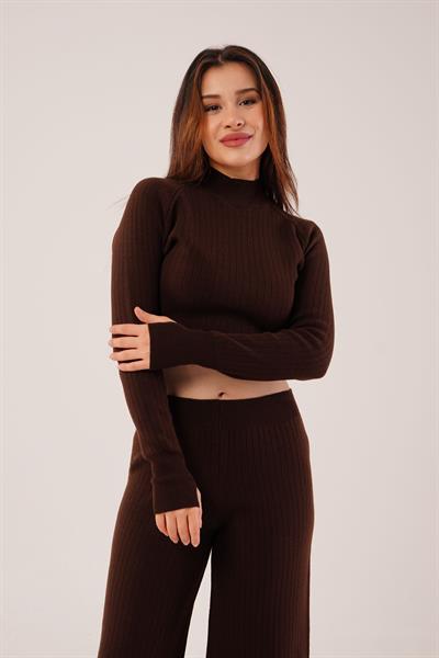 Kısa Model Kahve Crop ve Pantolon Takımı