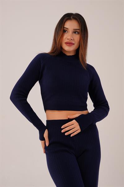 Kısa Model Lacivert Crop ve Pantolon Takımı