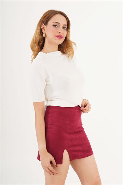 Kısa Yırtmaçlı Süet Mürdüm Mini Etek