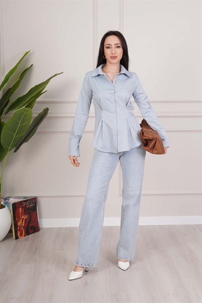 Kareli Belden Oturtmalı Mavi Tam Kalıp Gömlek