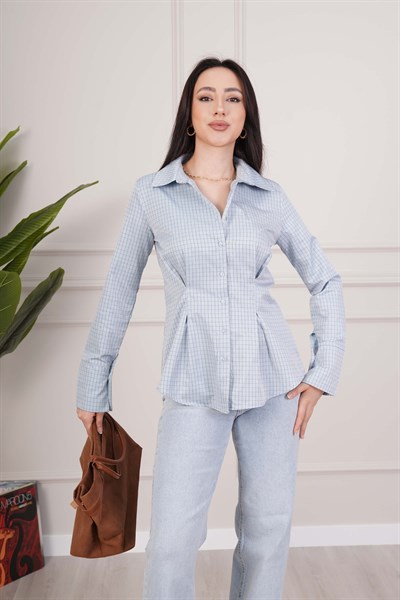 Kareli Belden Oturtmalı Mavi Tam Kalıp Gömlek