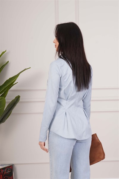 Kareli Belden Oturtmalı Mavi Tam Kalıp Gömlek