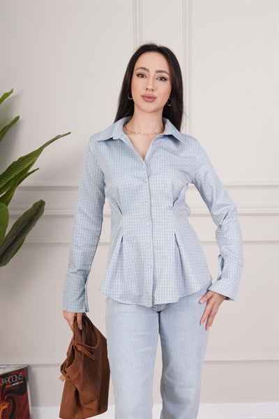 Kareli Belden Oturtmalı Mavi Tam Kalıp Gömlek