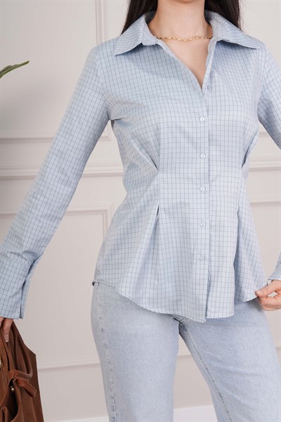 Kareli Belden Oturtmalı Mavi Tam Kalıp Gömlek