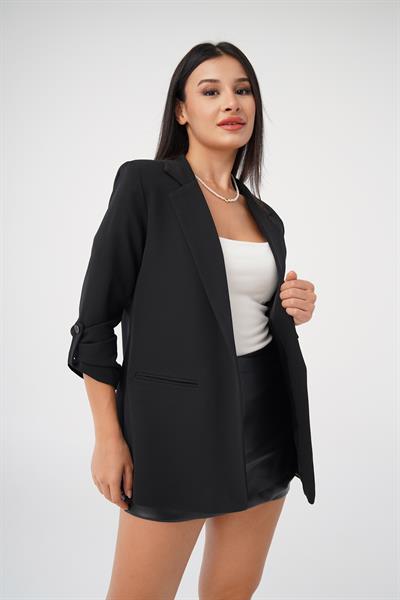 Kol Büzgü Detay Blazer Siyah Ceket