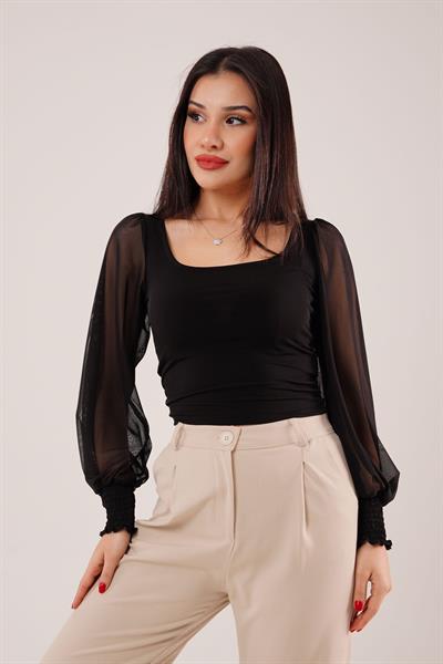 Kol Geniş Tüllü Siyah Şık Bluz