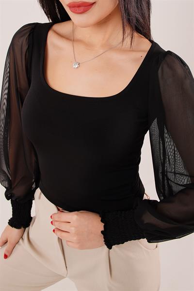 Kol Geniş Tüllü Siyah Şık Bluz