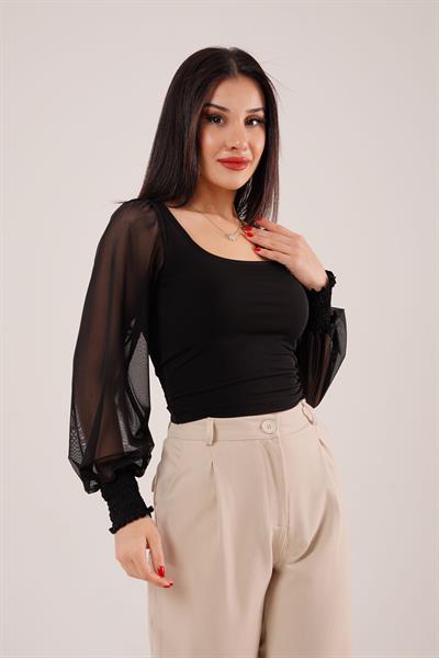 Kol Geniş Tüllü Siyah Şık Bluz