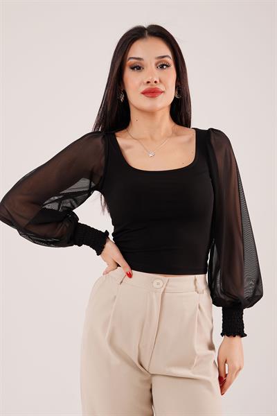 Kol Geniş Tüllü Siyah Şık Bluz