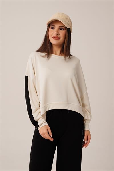 Kol Şerit Detaylı Yarasa Kol Bej Sweatshirt