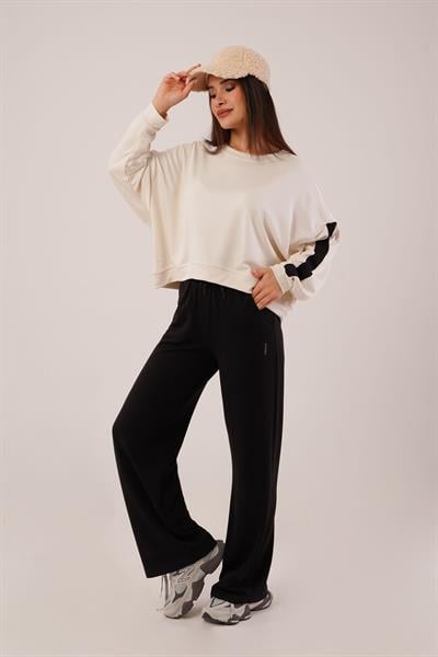 Kol Şerit Detaylı Yarasa Kol Bej Sweatshirt