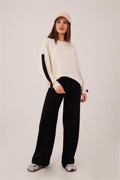 Kol Şerit Detaylı Yarasa Kol Bej Sweatshirt