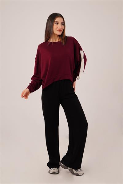 Kol Şerit Detaylı Yarasa Kol Bordo Sweatshirt